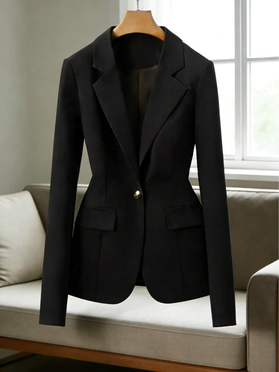 Women's Blazer With Lining And Shoulder Pads, Formal And Elegant With Front Button. - Negro - Ver 1