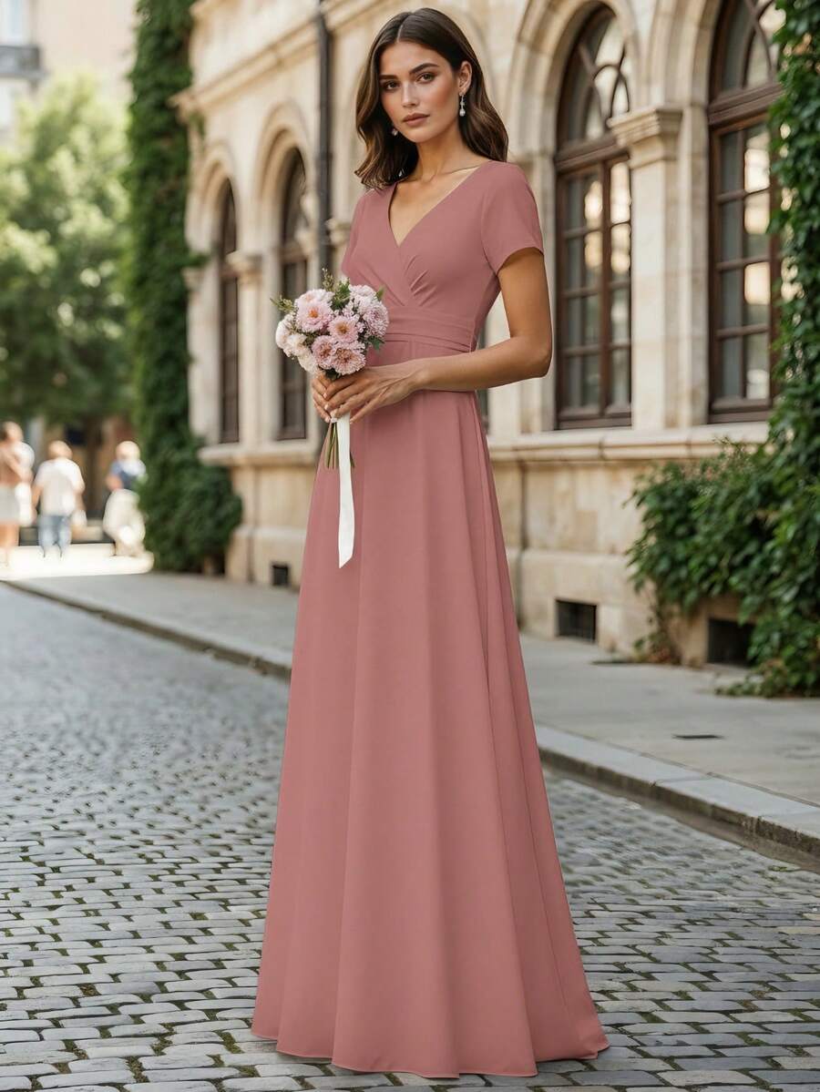 Vestido de Dama de Honor de Cuello Cruzado y Manga Corta Elegante para Mujer - Rosa Pálido - Ver 1