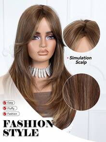 24 Inch Brown Highlighted Natural Layered Wig With Bangs, Elegant Brown Long Straight Wig For Women, Suitable For Daily, Party, Cosplay, Gift - Blonde Highlight - View 7