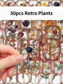 50张复古植物创意贴纸 DIY吉他行李箱冰箱水杯计划本装饰笔记本个性化贴纸 - 彩色 - 查看 7