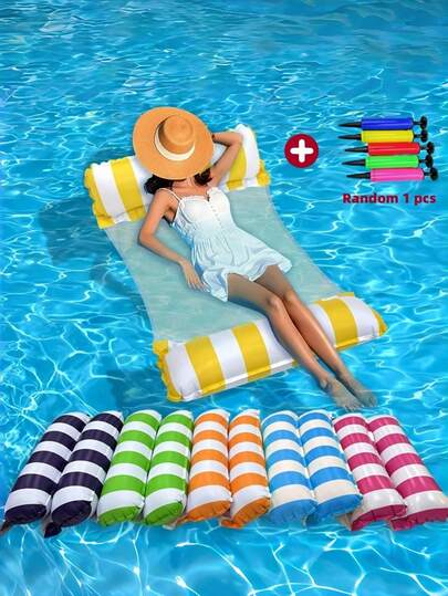 1-5pcs Colorful Striped Inflatable Pool Hammock With Air Pump - PVC Adult Floating Lounger, Extremely Comfortable For Pool Party And Relaxation, Essential For Pool Party | Inflatable Striped Chair | Floating Lounger