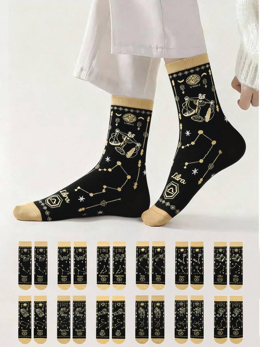 1/3/6/12 Pairs Women Comfortable & Fun Zodiac Sign Pattern Mid-Calf Socks - Multicolor - View 1