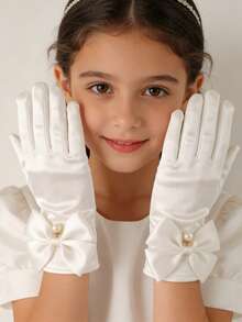 Satin Bridal Gloves With Bow Decor, Elastic Short Mittens Style, Simple Solid White Color, Princess Vibe - Multicolor - View 4