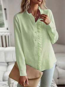 Blusa casual de mujer con botones, volantes y rayas para uso diario en primavera - verde menta - Ver 3