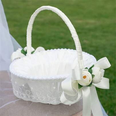 White Vintage Flower Girl Basket, Countryside Picnic Basket, Romantic Handheld Elegant Basket, Bouquet Holder, Rustic Home Decor, Wedding Party