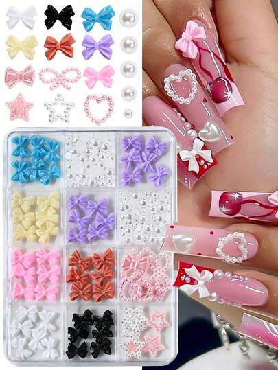 Caja de 12 rejillas Encantos de uñas de lazo de resina mixta, perlas de arco coloridas 3D, decoraciones de arte de uñas de strass de estrella kawaii, perlas artificiales de fondo plano creativas para suministros de arte de uñas DIY