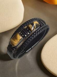 Vòng tay nam thủ công đính đá mắt hổ, dây da PU đen - Phụ kiện độc đáo thể hiện gu thời trang nam giới. - Nhiều màu - Xem 2