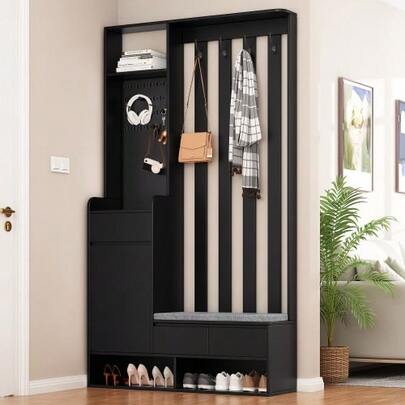 Xuan Guan Wardrobe With Padded Storage Stool, Multifunctional Xuan Guan Shoe Cabinet With Hanging Space, Modern Wardrobe With 4 Hooks For Entryway Or Laundry Room, Black, Height 180 / Width 100 / Depth 35 Cm