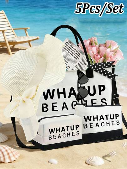 5件套黑白女士沙滩手提包，大容量手提包，带围巾和侧袋，两个便携式化妆包，印有“Whatup Beaches”字样。可重复使用的旅行购物手提包和化妆包，时尚眼镜，草编遮阳帽，节日礼品袋，是度假旅行的完美之选，也是夏季必备单品。适合婚礼、生日、节日、母亲节、教师节等场合。是送给女性、母亲、教师、朋友、伴娘、学生以及返校人士的绝佳礼物。