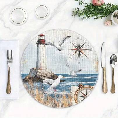1/2/4/6/8/300片装豪华餐垫套装，灯塔与海鸥图案设计，多种图案可选，适合日常用餐和家居装饰。100%涤纶编织，可机洗，耐热、防污、防水且易于清洁，适合日常家居装饰，也适合派对装饰。