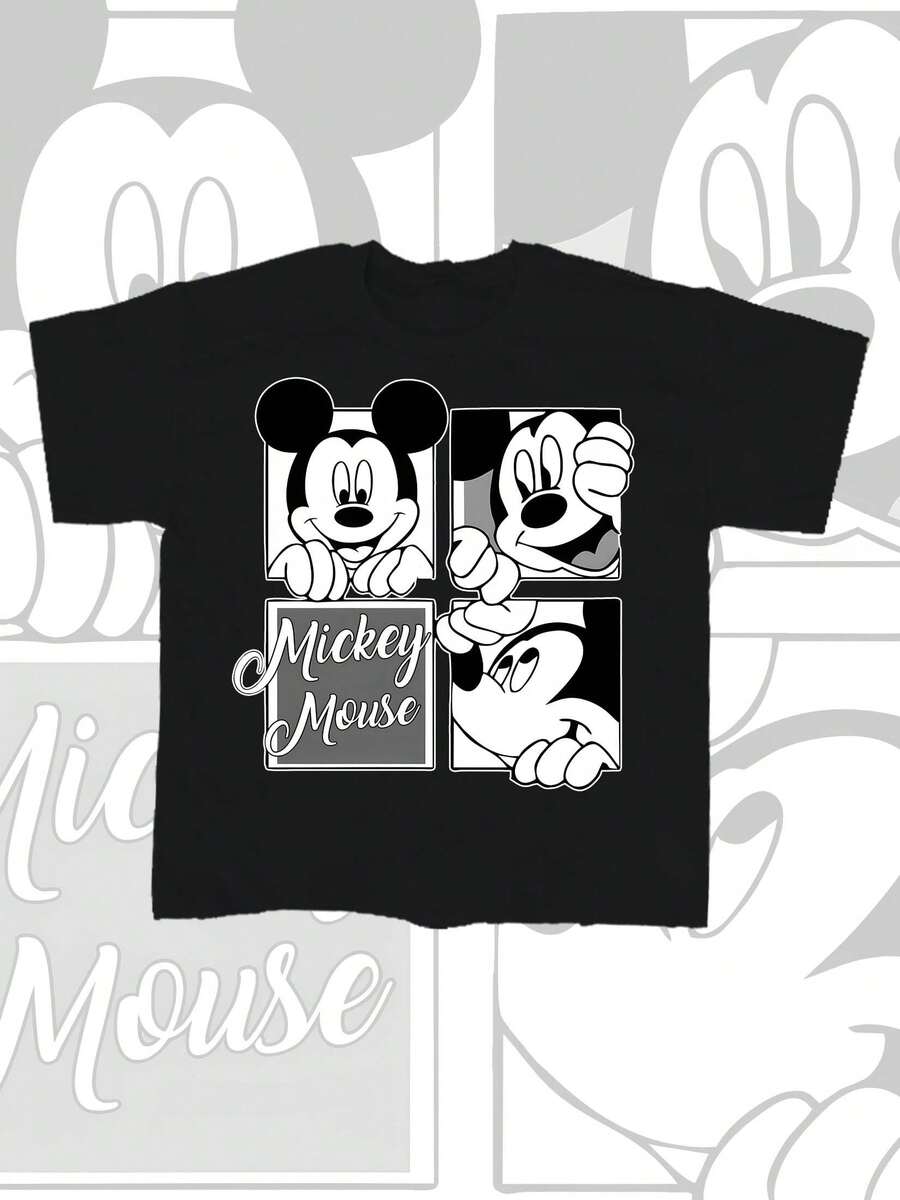 Disney Mickey Mouse Men's Summer T-Shirt, Distressed Finish, One-Piece Design, Pure Cotton Fabric, Comfortable And Breathable, Casual Outdoor Street Style, Crew Neck; A High-Quality Fashion Brand, It's The Ideal Surprise Gift For Family And Friends. - 黑色 - 查看 1