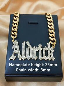 Personalized Old English Necklace: 18K Big Nameplate, 8mm Cuban Chain, Custom Women Men Jewelry - Diamond-encrusted Version - View 4