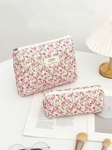 1pc Rose Red Printed Multi-Functional Quilted Cosmetic Bag, Fashion Casual Large Capacity Zipper Makeup Bag, Travel Stationery Storage Pouch, Essential Vacation Cosmetic Bag - Pink - View 5