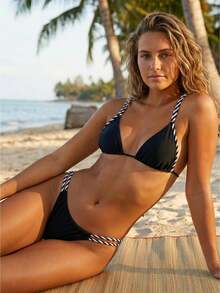 Women's 2 Piece Swimsuits Spaghetti Strap Triangle Bikini Set Summer Bathing Suits - Black - View 1