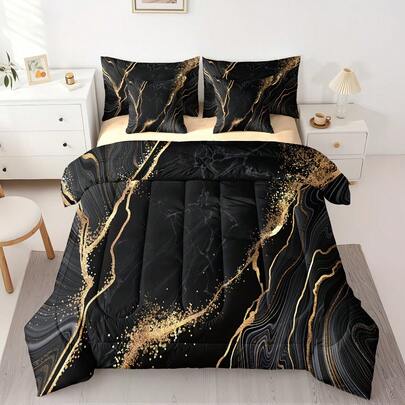 3pcs Modern Minimalist Marble Texture Foil Striped Bedding Set - Soft, Breathable Comforter And Pillow Covers (Without Pillow Inserts), Perfect For Home Or Dorm