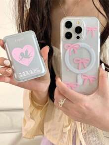 1pc Transparent Magnetic Bow Phone Case + Heart Angel Magnetic PU Leather Card Holder TPU Shockproof Phone Case Suitable For IPhone11/12/13/14/15/16/17/PROMAX - Clear - View 1