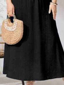 Vestido maxi de talla grande de unicolor con cuello en V, estilo vintage europeo y americano, suelto y elegante para el verano (Medida del busto) Negro - Negro - Ver 4