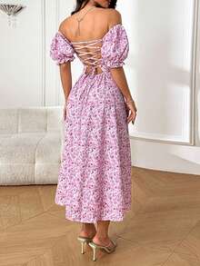 Vestido de Verão WOWDARK, Vestido de Festa com Decote Nas Costas, Manga Bufante, Estampa Floral Rosa e Bainha Dividida, Vestido Elegante Adequado para Dia dos Namorados, Encontros, Reuniões, Festas, Viagens, Férias, Casamento na Praia na Primavera - Rosa chiclete - Visão 5