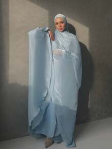 1件装女士基础款纯色丝滑优雅闪亮柔软头巾，阿拉伯休闲长款围巾，保守素色头巾，适合日常佩戴 - 淺藍色 - 查看 4