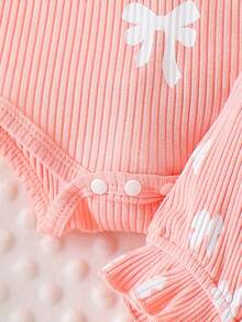 2pcs Newborn Baby (Girl) Cute Letter Print Flutter Sleeve Ribbed Romper + Shorts Set, Lightweight Summer - Pink - View 8