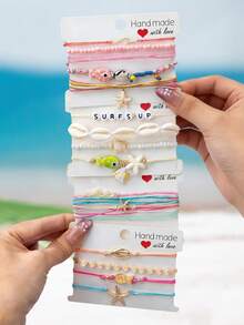 Handmade Bohemian Woven Rope Bracelets Set, Stretchy Wax String Bracelet Surfing Anklets Set For Women, Layering Bracelet With Starfish Cowrie Shell Charms, Summer Vacation Beach Jewelry - Multicolor - View 10