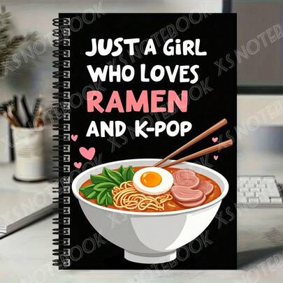 1pc Korean Style Ramen Spiral Notebook, Cover Illustration Of Appetizing Ramen With Text "JUST A GIRL WHO LOVES RAMEN AND K-POP", Suitable For Ramen And K-Pop Lovers. Applicable For Work, Study, Journaling, And Also An Ideal Gift For Graduation, Birthday, Etc.