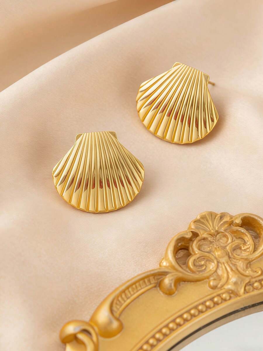 女士时尚厚金耳环，14K不锈钢镀金贝壳耳环，轻盈低致敏耳环，创意几何不规则纹理耳环，夏季时尚饰品，适合日常佩戴、海滩度假、派对等场合。 - 金色 - 查看 1