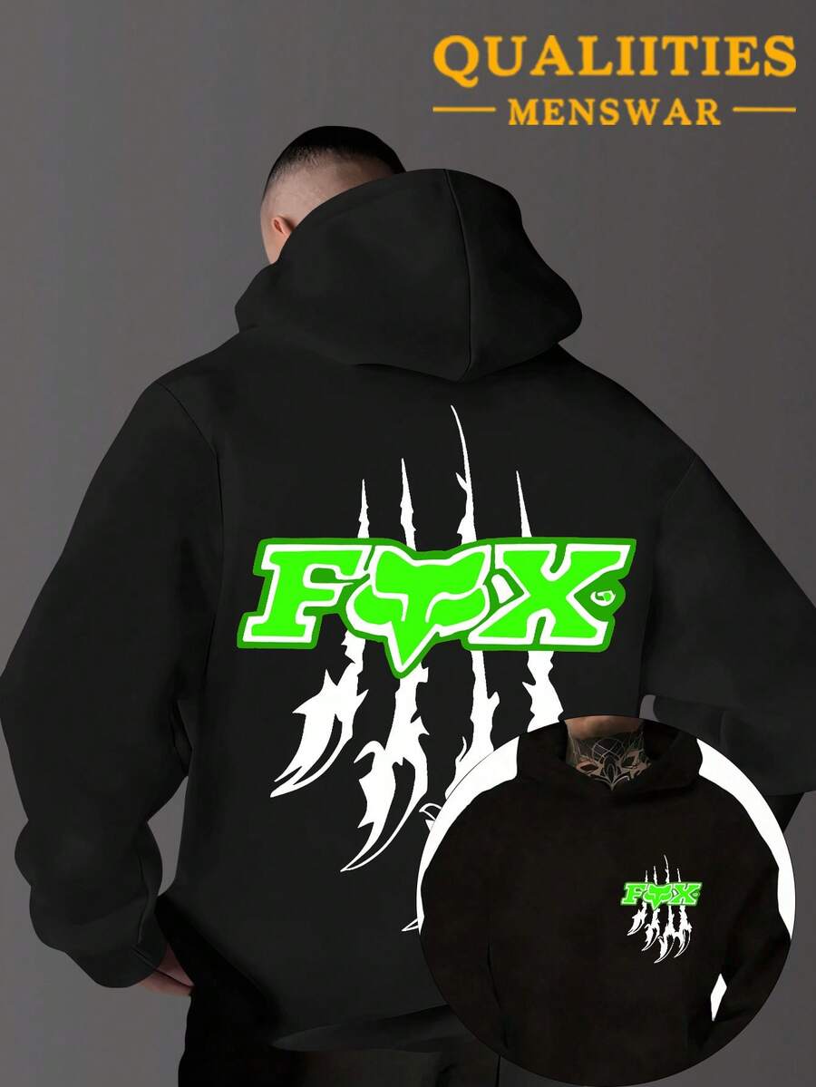 The Men's Style Is Suitable For Black Casual Fashion In Spring And Autumn Or Winter, Integrating Hardcore Extreme Sports Culture With American Street Style Hooded Plush Warm Hooded Sweatshirt. The Bold And Wild "FOX" Words On A Red Background And White Border Are The Core Visual, Matched With White Claw Print, And The Arms Are Also Printed With Corresponding FOX Patterns. The Multi-Functional Sports And Casual Loose Fit Is Suitable For Daily Travel And Street Wear, Made Of Soft Fabric - 黑色 - 查看 1