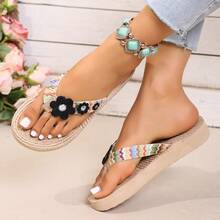 3cm PP Grass Flower Thong Sandals For Women, Flat Heel, Summer Beach Wear, Versatile Flip Flops, Non-Slip - Brown - View 8
