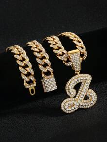 嘻哈风镶钻链，配定制草书字母吊坠，镀金项链，个性化首字母首饰 - 嘻哈字母項鍊 - 查看 34