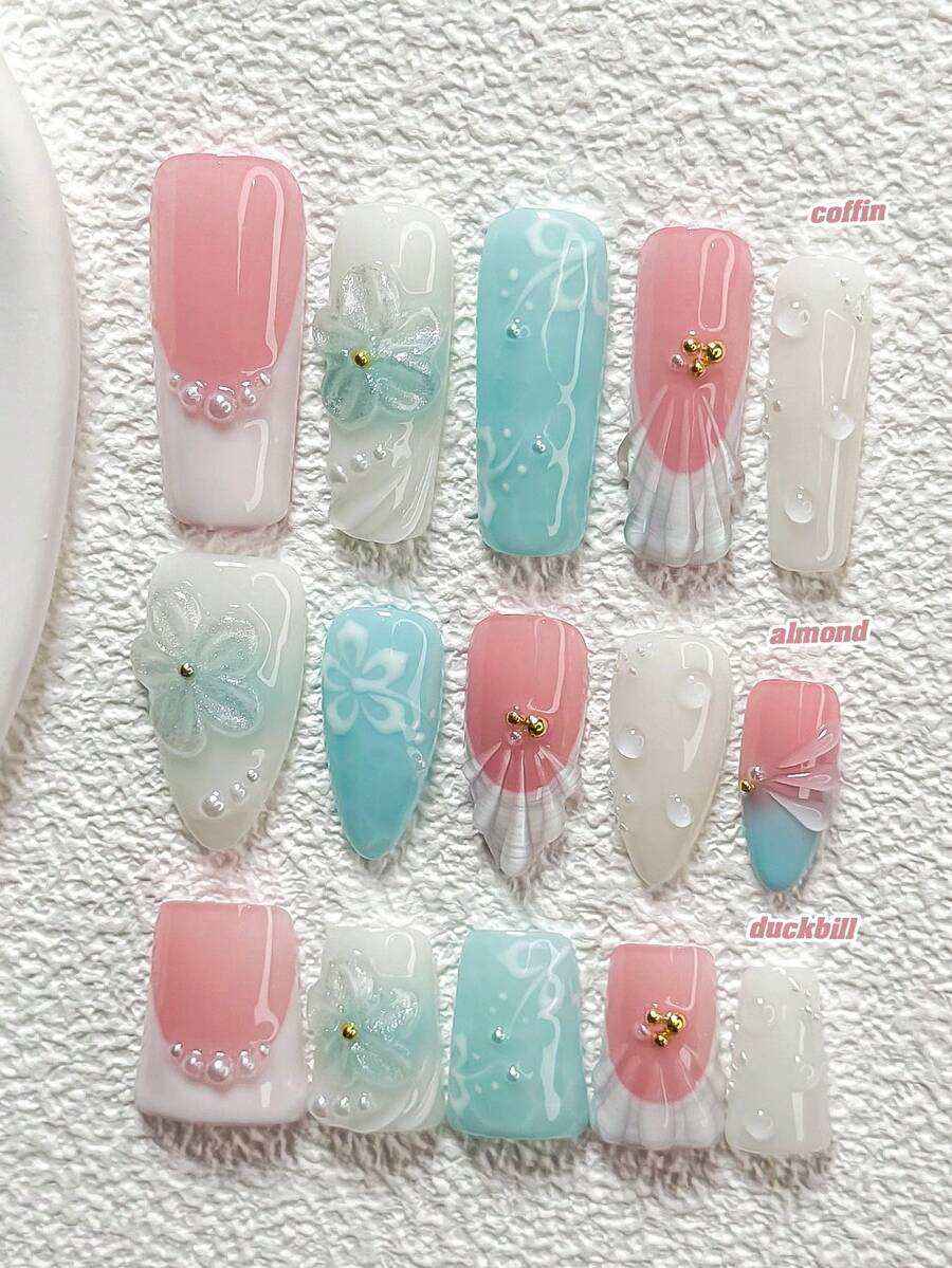 10pcs/Set New Fresh Seaside Style Acrylic Nail Art Kit, Handmade Solid Color Flower Design, Decorated With Small Golden And White Round Rhinestones, Hand-Painted Solid Color Water Wave, Raindrop, White Five-Petal Flower Pattern, Hand-Painted Light Gray Mixed White Shell Texture Pattern, Blue Nail Polish - 彩色 - 查看 1