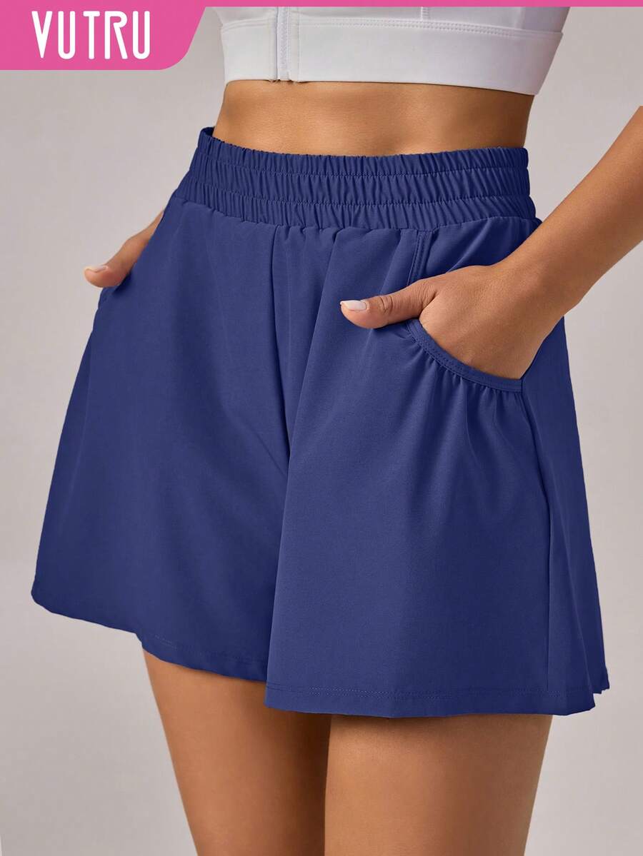 VUTRU 1件装弹力腰带短裤，带口袋，轻便透气，适合瑜伽、健身和夏季穿着 - Dark Blue - 查看 1