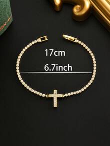 1件男士奢华锆石十字架网球手链，闪耀的基督教元素珠宝，精致的男士饰品，适合作为复活节礼物和日常佩戴 - 金黃色 - 查看 3