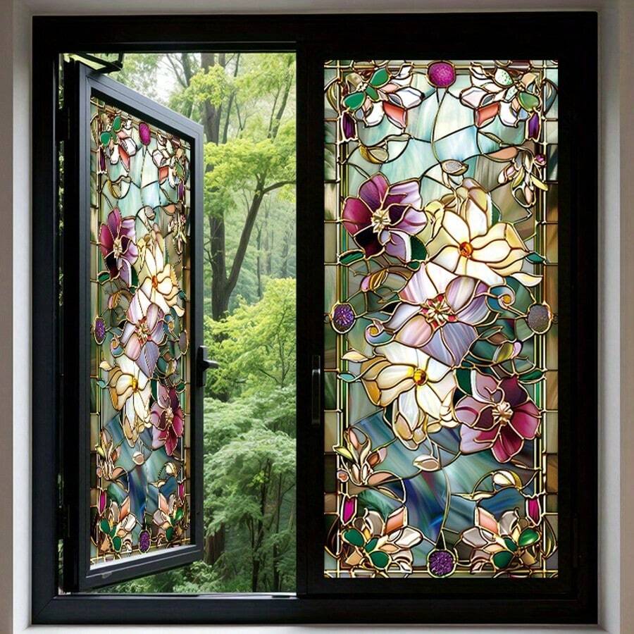1pc Colorful Floral Pattern Frosted Glass Window Film, Reusable Static Cling Window Sticker, Suitable For Office, Room, Bathroom And Kitchen Decor, No Glue Required - Multicolor - View 1