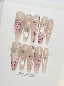 10pcs Y2K Style Long Almond-Shaped Pink Leopard Print Ribbon Bow Nail Stickers, Hand-Painted Heart Decor, Asymmetric Gems, Hand-Painted Leopard Print Embossed Nails, Pink Nails, Cute Nails, Leopard Print Design, Nude Pink Cat Eye Gradient, Shiny Nails, Rhinestone False Nails, Essential Item For Autumn/Winter - Pink - View 3