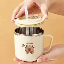 1个270毫升迷你可爱水豚牛奶杯，儿童吸管手柄水杯，密封防漏316不锈钢吸管杯，便携式双层保温茶牛奶咖啡杯，防烫饮水杯，适合学生和成人居家、学校、办公室、聚会、露营、野餐等场合使用。 - 彩色 - 查看 7