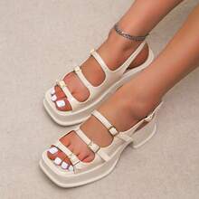 Sandalias de plataforma con tiras y punta abierta de estilo retro para mujer, sandalias de cuña, atuendos de verano - Beis - Ver 8