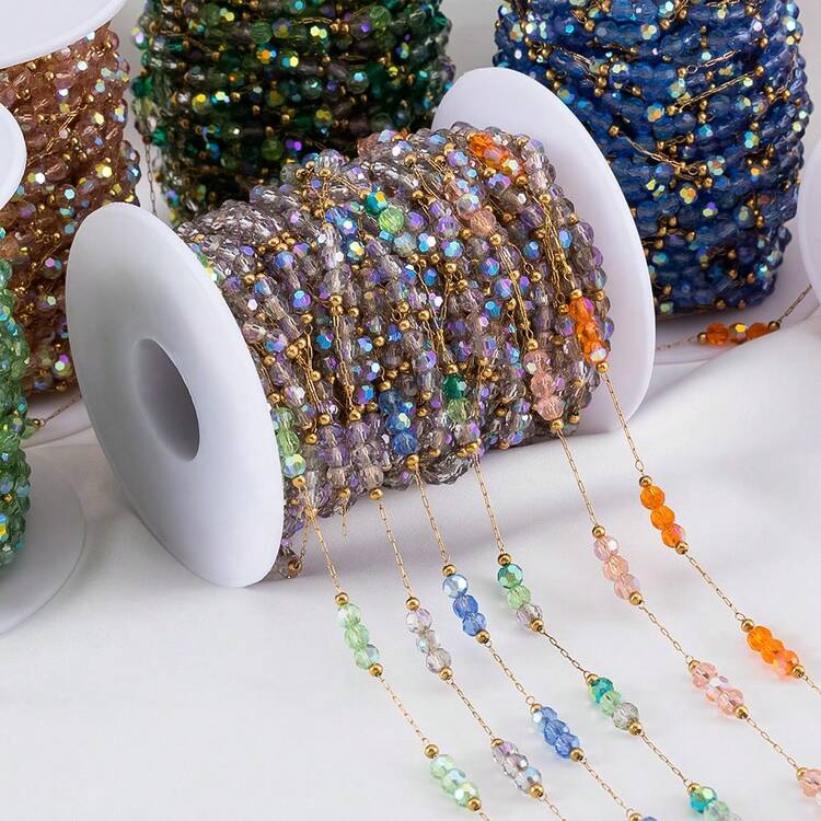 1m Stainless Steel Colorful Crystal Glass Bead Chain, Handmade Gold Beaded Chain Suitable For DIY Necklace, Bracelet, Jewelry Making - Chain - View 4