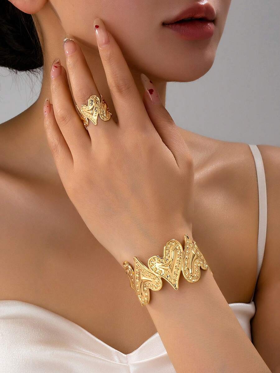 1 Set Fashionable Luxury Heart Shaped Ring & Bracelet Set - Yellow Gold - View 1