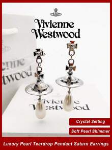 Vivienne Westwood Bông tai hình giọt nước đính ngọc trai hình sao Thổ, chất liệu bạc, đồng thau, đính đá lấp lánh. - Bạc - Xem 1