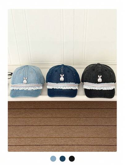 Soft Top Denim Baseball Cap With Lace Ruffle Brim, Vintage Distressed Look, Wide Brim, Large Head Circumference, Embroidered Bow, Soft Crown Curved Brim Sun Hat, Leopard Bunny Cute Baddie Large Head Size Baseball Cap