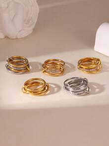 1枚奢华不锈钢18K镀金多层交叉密镶钻石/哑光质感戒指，适合女孩参加派对和日常佩戴。 - 彩色 - 查看 1