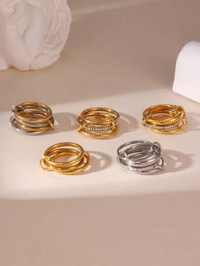 1 pieza Anillo de acero inoxidable chapado en oro de 18K con múltiples capas y diseño cruzado con pavé de diamantes/textura mate, adecuado para fiestas de niñas y uso diario