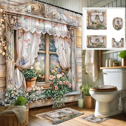 1/4 Pcs Spring Decorative Shower Curtain Set, Farmhouse Vintage Floral Plant Bird Wooden Window Green Pink Beige Washable Shower Curtain, Includes 12 Hooks Non-Slip Bathroom Mat U-Shaped Toilet Seat Cover