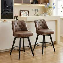 2pcs modernos tabuletos giratorios de la barra conjunto con patas de madera maciza, tabuletos de la barra de la altura del contador con la espalda, tejido de lino tapizado tabuletos de la barra para la isla de la cocina, 26 "H asiento - Cuero marrón - Ver 3