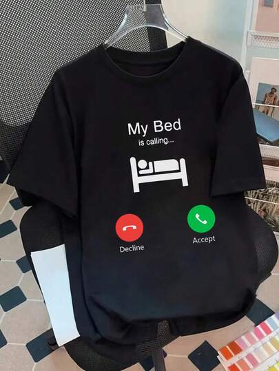 My Bed Is Calling Graphic T-Shirt, Funny Phone Screen Accept Reject Pattern Plus Size Women T-Shirt Casual Black Summer