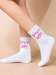 2 Pairs Women's White & Pink Contrast Slogan Soft & Snug Casual Mid-Calf Socks, Unisex Streetwear Gift - Multicolor - View 6