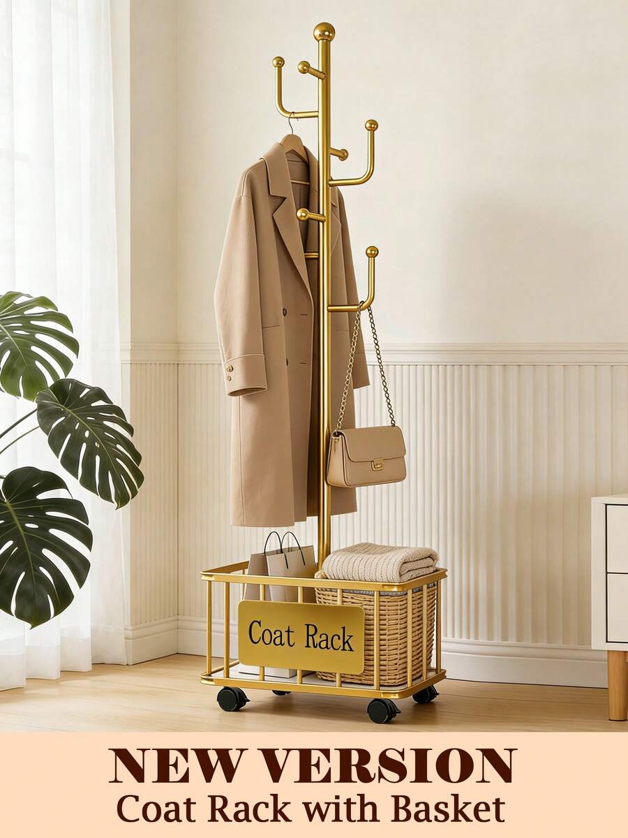 Gold Coat Rack With Storage Basket, Freestanding Clothes Rack, Coat Rack Stand For Hat Scarves Handbags Clothes, Modern Coat Hanger Stand For Entryway, Moving Storage Rack For Bedroom Living Room Office Hallway Entrance, Easy Access, Hallway Decor Room Decor - Gold - View 1