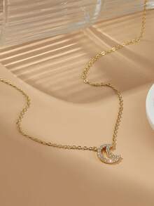 The Gold Collar Chain Is Set With Small Diamonds, Giving A Luxurious Touch. It Is Perfect For Daily Wear And Makes An Excellent Gift For Special Occasions. - Moon Pendant - View 2