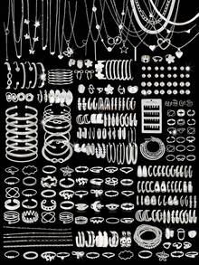 35/47/50/71/87件套 时尚简约优雅波西米亚风首饰套装，包含耳环、项链、戒指、手链，饰有心形、扭纹、蝴蝶、几何元素、波浪纹等图案，百搭日常佩戴配饰，款式随机。 - 銀色 - 查看 12